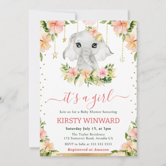 Waterverf Bloemen Olifant Meisje Baby shower Kaart (Voorkant)