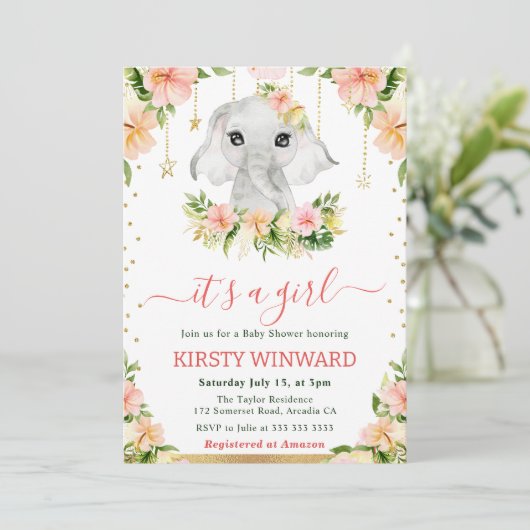 Waterverf Bloemen Olifant Meisje Baby shower Kaart (Staand voorkant)