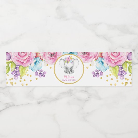 Waterverf Bloemen Olifant Meisje Baby shower Waterfles Etiket (Enkel label)