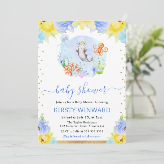 Waterverf Bloemen Onderwater Dieren Baby shower Kaart (Staand voorkant)