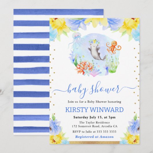 Waterverf Bloemen Onderwater Dieren Baby shower Kaart (Voorkant / Achterkant)