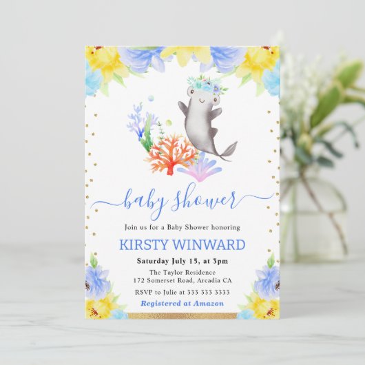Waterverf Bloemen Onderwater Haai Baby shower Kaart (Staand voorkant)