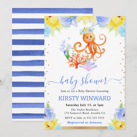 Waterverf Bloemen Onderwater Octopus Baby shower Kaart (Voorkant / Achterkant)
