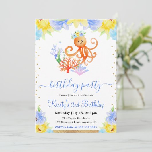 Waterverf Bloemen Onderwater Octopus Verjaardag Kaart (Staand voorkant)