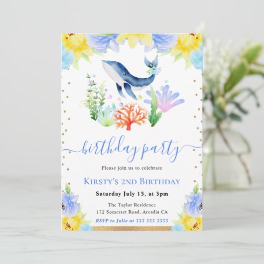 Waterverf Bloemen Onderwater Walvis Verjaardagsfee Kaart (Staand voorkant)
