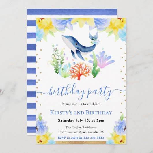 Waterverf Bloemen Onderwater Walvis Verjaardagsfee Kaart (Voorkant / Achterkant)