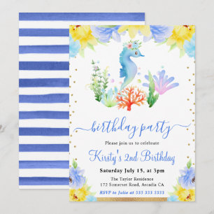 Waterverf Bloemen Onderwater Zeepaardje Verjaardag Kaart