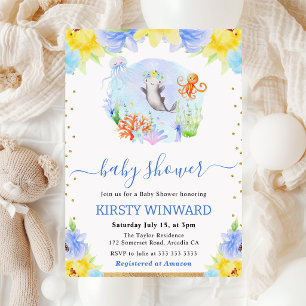 Waterverf Bloemen Onderwaterdieren Baby Shower Kaart