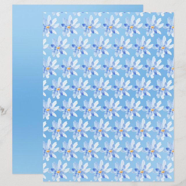 Waterverf Bloemen op Blauw Scrapbook Papier Blad (Voorkant / Achterkant)