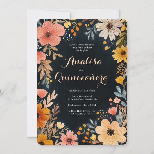Waterverf Bloemen op Dark Quinceañera CUSTOM Foto Kaart (Voorkant)