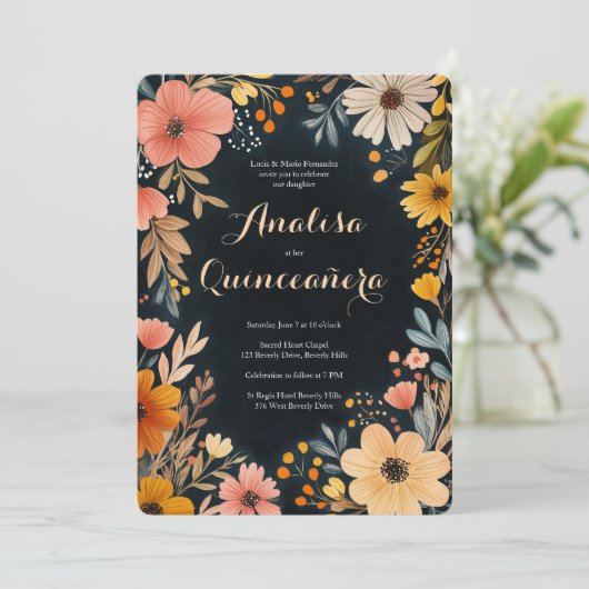 Waterverf Bloemen op Dark Quinceañera CUSTOM Kaart (Staand voorkant)