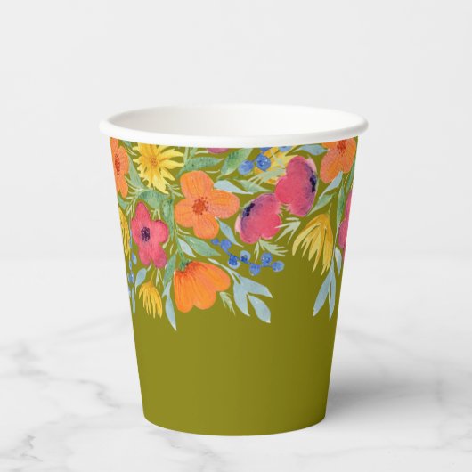 Waterverf bloemen op groen papieren bekers (Voorkant)