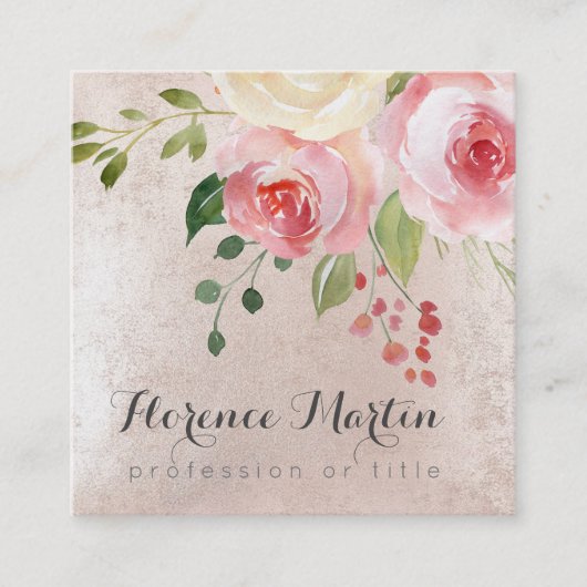 waterverf bloemen op roze vierkante visitekaartje (Voorkant)