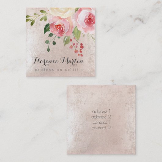waterverf bloemen op roze vierkante visitekaartje (Voorkant / Achterkant)