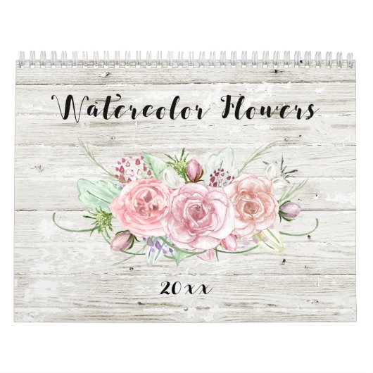 Waterverf Bloemen op Rustiek Hout Kalender (Hoes)