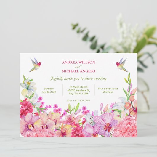 Waterverf Bloemen Orchideeën Vogeltuin bruiloft Kaart (Staand voorkant)