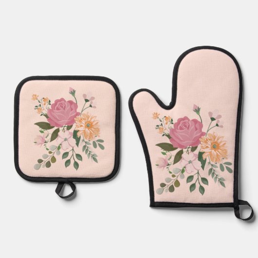 Waterverf bloemen ovenwant & pannenlap set (Voorkant)