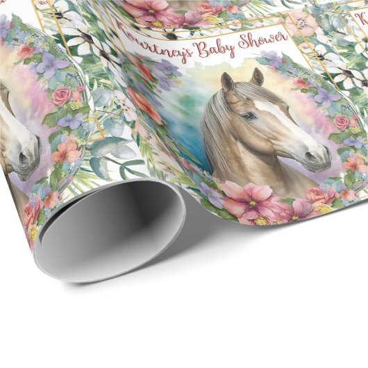 Waterverf Bloemen Paard Baby shower Cadeaupapier (Rol Hoek)