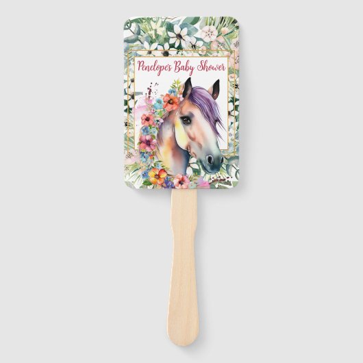 Waterverf Bloemen Paard Baby shower Handwaaier (Voorkant)
