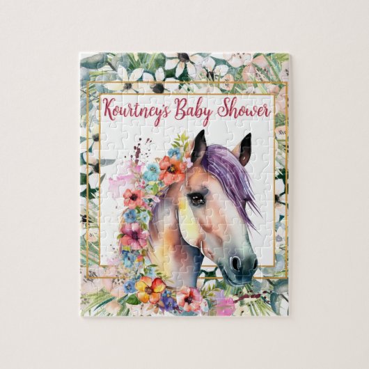 Waterverf Bloemen Paard Baby shower Legpuzzel (Verticaal)