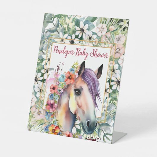 Waterverf Bloemen Paard Baby shower Reclamebord Met Voetstuk (Voorkant)