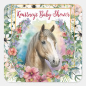 Waterverf Bloemen Paard Baby shower Vierkante Sticker (Voorkant)