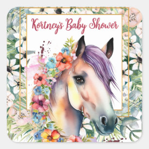 Waterverf Bloemen Paard Baby shower Vierkante Sticker
