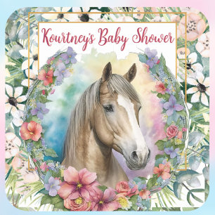 Waterverf Bloemen Paard Baby shower Vierkante Sticker