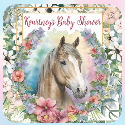 Waterverf Bloemen Paard Baby shower Vierkante Sticker