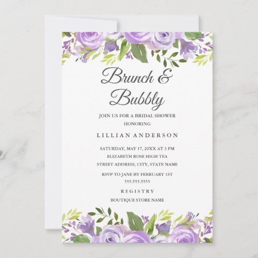 Waterverf Bloemen Paarse Bruids Brunch en Bubble Kaart (Voorkant)