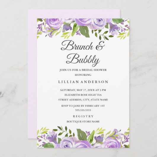 Waterverf Bloemen Paarse Bruids Brunch en Bubble Kaart (Voorkant / Achterkant)