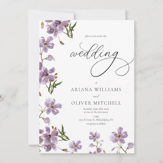 Waterverf Bloemen Paarse bruiloft uitnodiging (Voorkant)