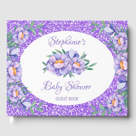 Waterverf Bloemen Paarse Glitter Baby shower Gastenboek (Voorkant)