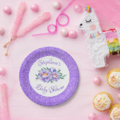 Waterverf Bloemen Paarse Glitter Baby shower Papieren Bordje (Feest)