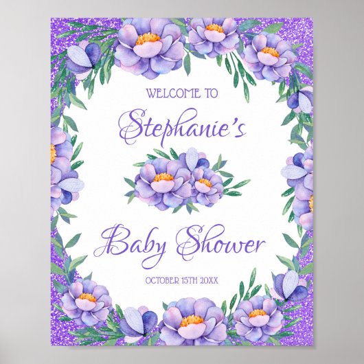 Waterverf Bloemen Paarse Glitter Baby shower Poster (Voorkant)