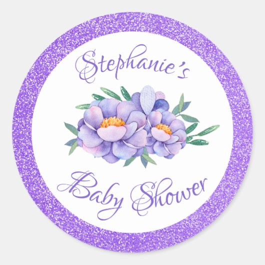 Waterverf Bloemen Paarse Glitter Baby shower Ronde Sticker (Voorkant)