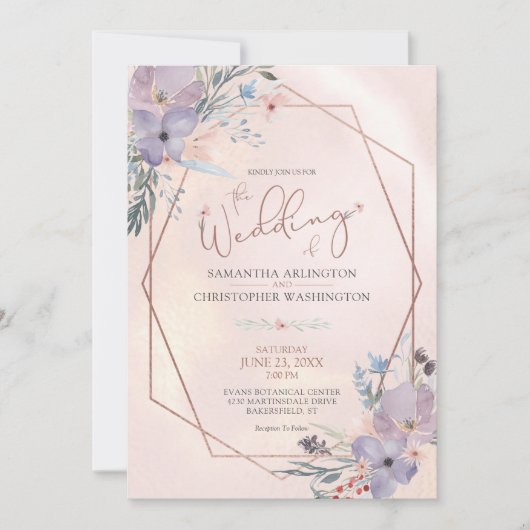 Waterverf Bloemen Paarse Koper Roos Gouden Bruilof Kaart (Voorkant)