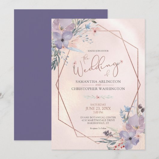 Waterverf Bloemen Paarse Koper Roos Gouden Bruilof Kaart (Voorkant / Achterkant)