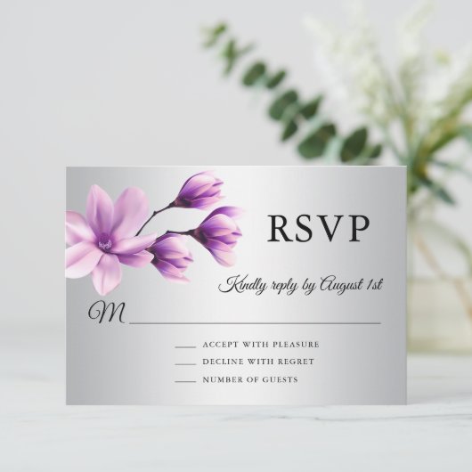 Waterverf Bloemen Paarse Lavendel Grijs Bruiloft RSVP Kaartje (Staand voorkant)