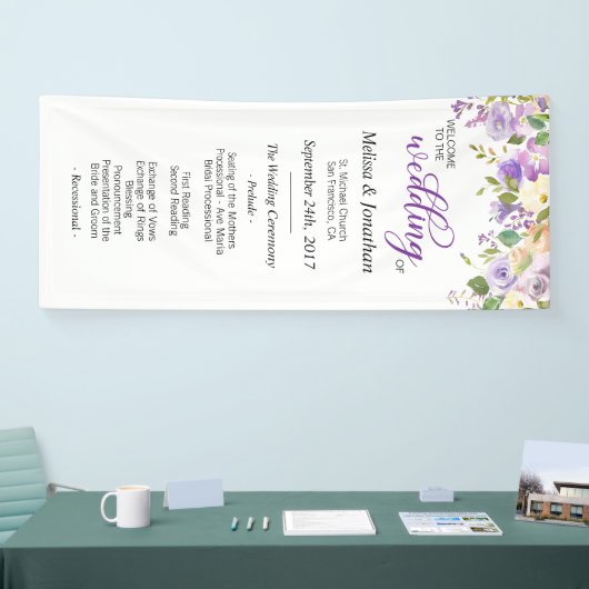 Waterverf Bloemen Paarse Lavendel Trouwprogramma Spandoek (Beurs)