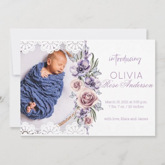 Waterverf Bloemen Paarse Meisje Geboorteaankondigi Kaart (Voorkant)
