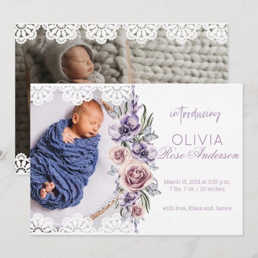 Waterverf Bloemen Paarse Meisje Geboorteaankondigi Kaart (Voorkant / Achterkant)