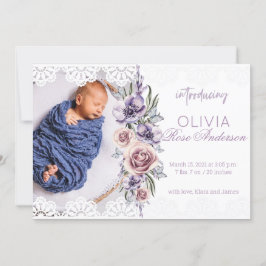 Waterverf Bloemen Paarse Meisje Geboorteaankondigi Kaart