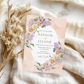 Waterverf Bloemen Paarse & Perzik bruiloft Kaart