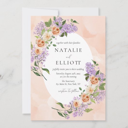 Waterverf Bloemen Paarse & Perzik bruiloft Kaart (Voorkant)