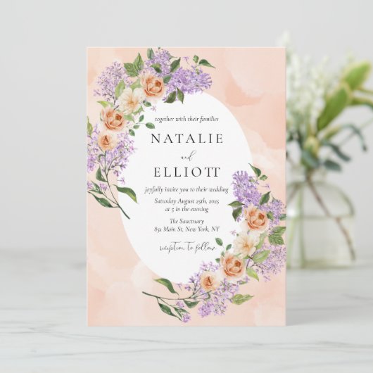 Waterverf Bloemen Paarse & Perzik bruiloft Kaart (Staand voorkant)