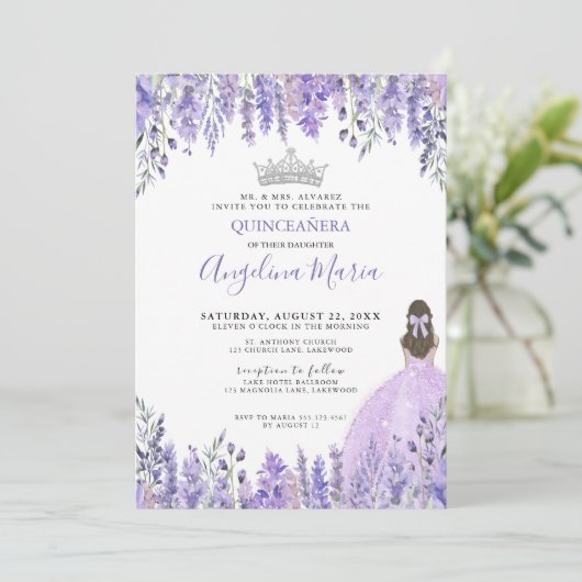 Waterverf Bloemen Paarse Quinceanera Invitation Kaart (Staand voorkant)
