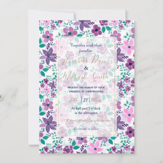 Waterverf Bloemen Paarse Roze Botanisch Kaart (Voorkant)