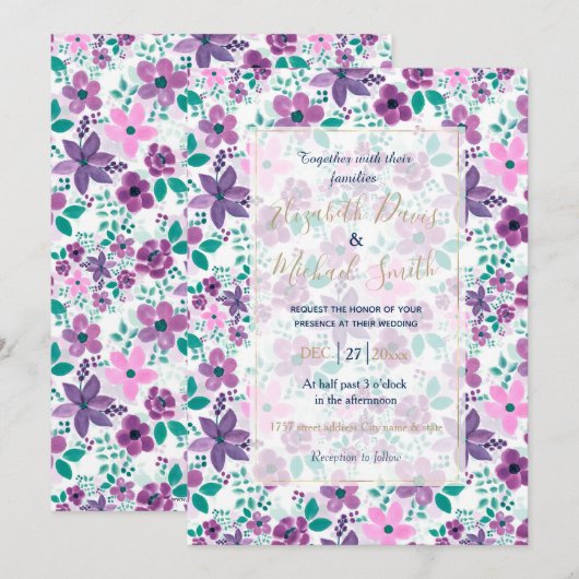 Waterverf Bloemen Paarse Roze Botanisch Kaart (Voorkant / Achterkant)