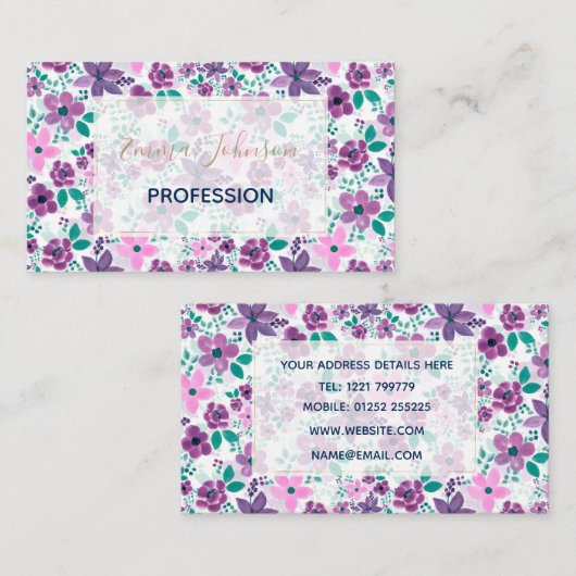 Waterverf Bloemen Paarse Roze Botanisch Visitekaartje (Voorkant / Achterkant)